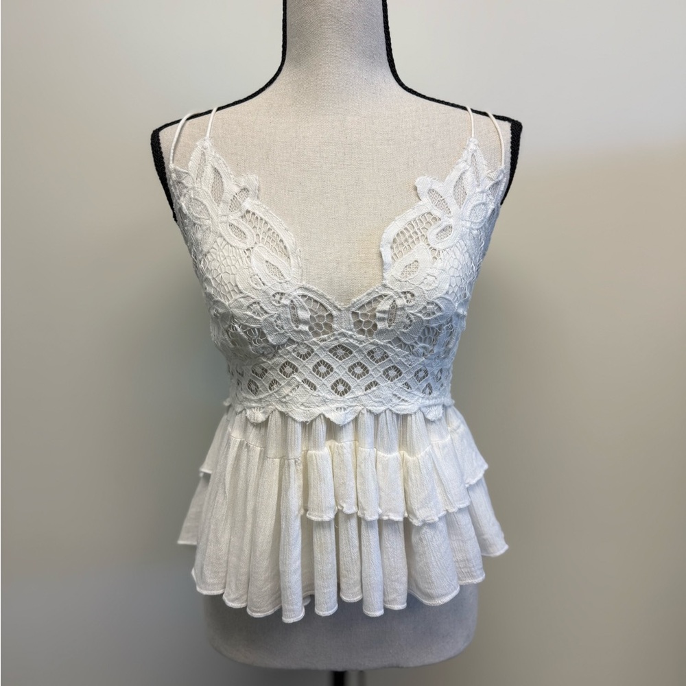 Free People White Lace Peplum Camisole Top Size M